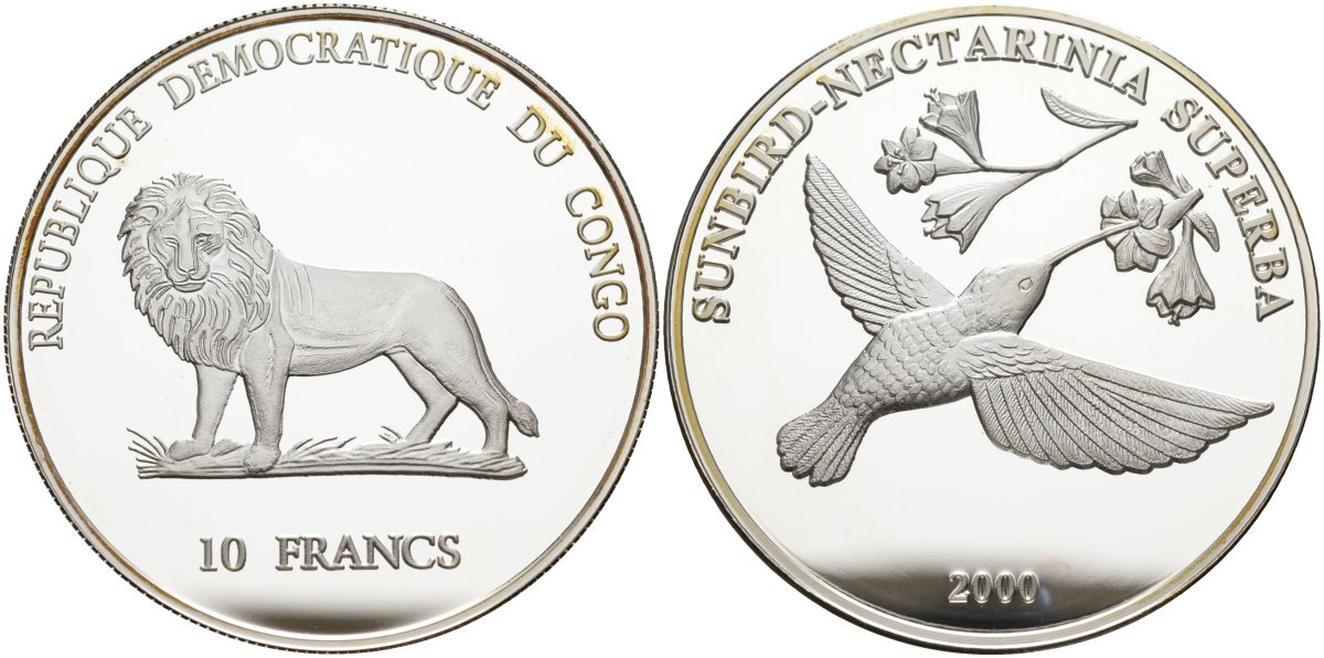 Конго 10 франков 2000 колибри (sunbird-nectarinia superba) серебро PROOF 04-137-24