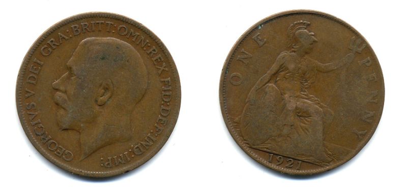 Великобритания 1 пенни 1921 Георг V (1910-1936) KM 810, Spink 4051 бронза 47-531