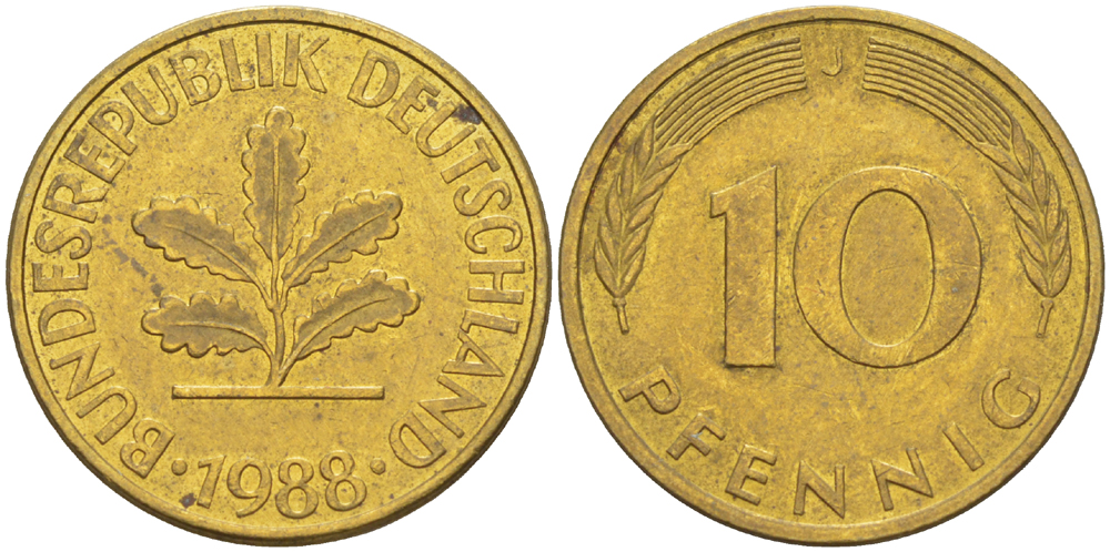 ФРГ 10 ПФЕННИГОВ 1988 J KM 108, J. 383 сталь плакированная латунью 4182-946