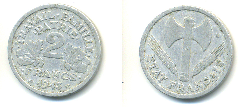 Франция 2 франка 1943 правительство Виши KM 904.1 алюминий 83-523