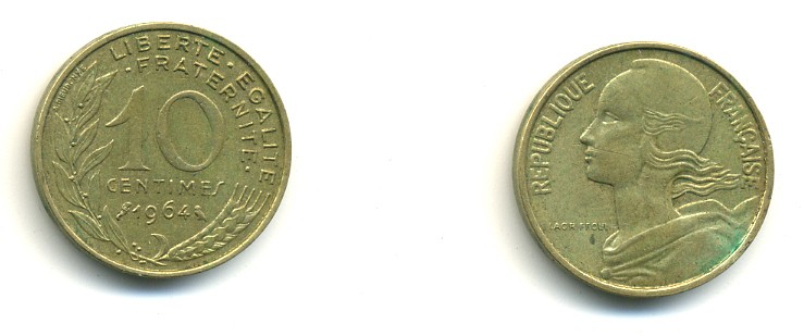 ФРАНЦИЯ 10 САНТИМОВ 1964 ТИП MARIANNE KM 929 медь алюминий никель 4364-1225