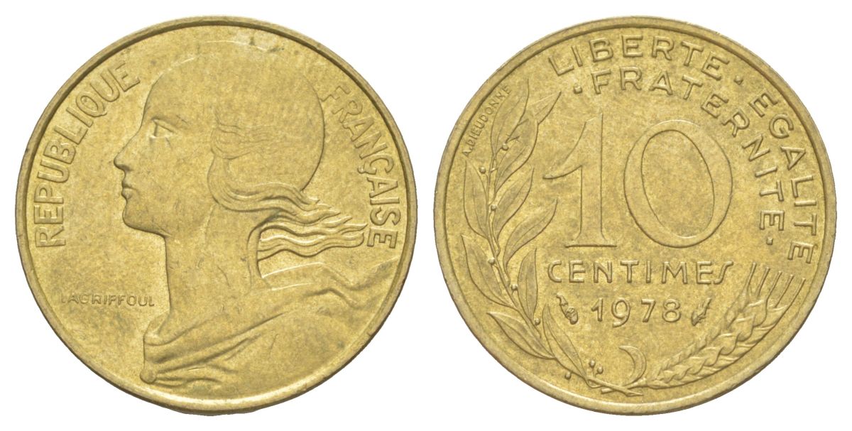 Франция 10 сантимов 1978 KM 929 алюминиевая бронза 4627-1239
