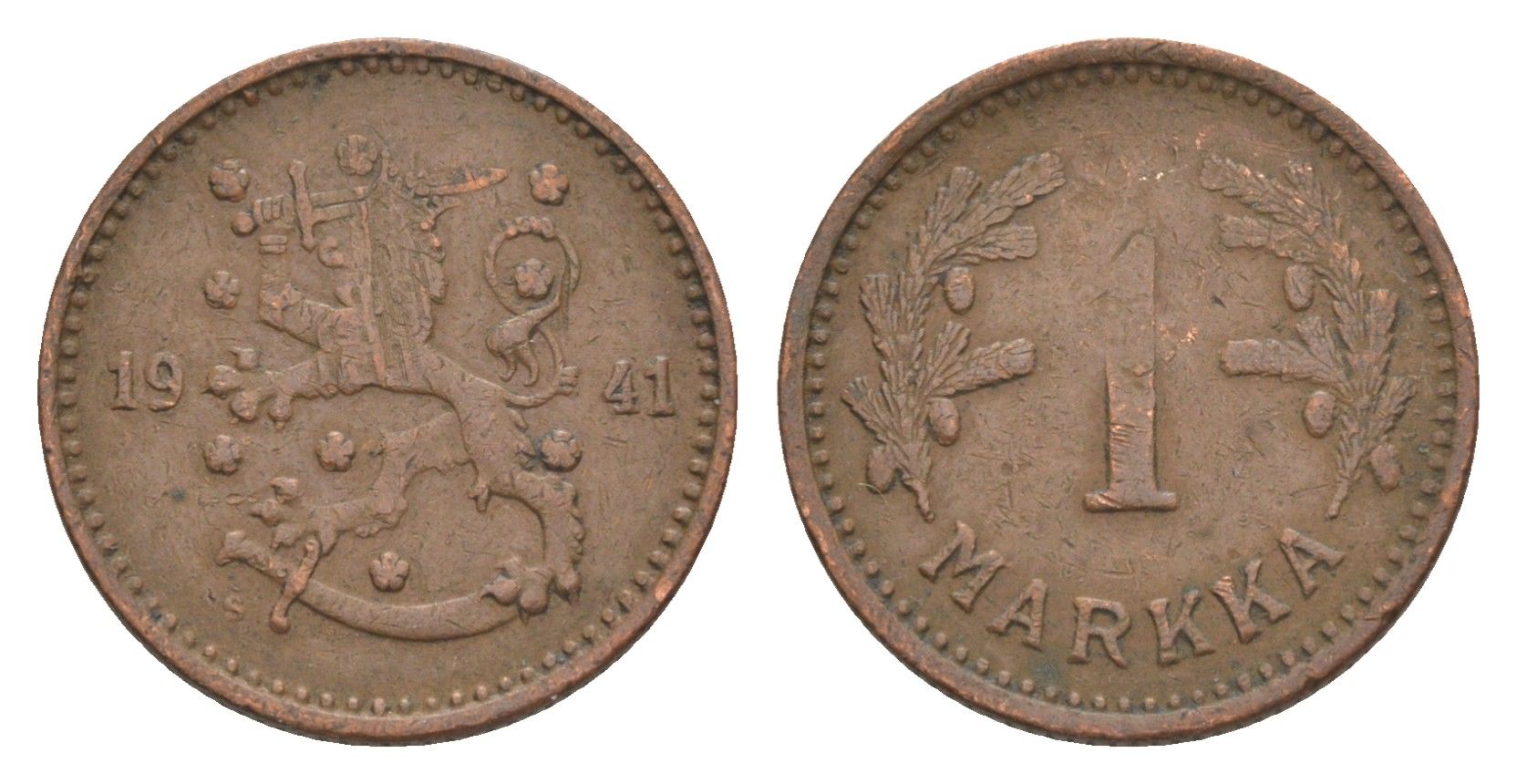 Финляндия 1 марка 1941 KM 30a медь 4636-431