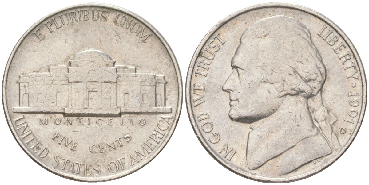 США 5 центов 1991 D, Джефферсон KM A192 медно-никель 4611-215