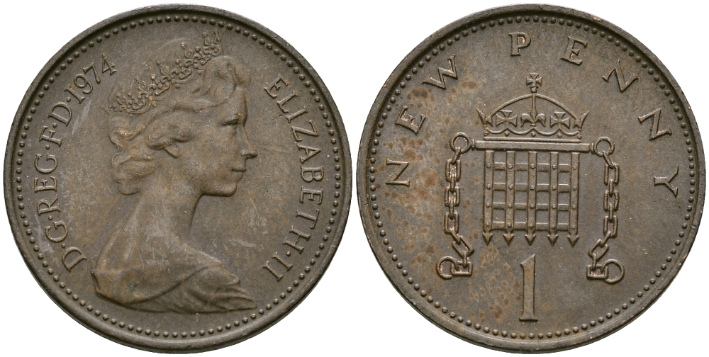 Великобритания 1 пенни 1974 Елизавета II (1952-2022) KM 915, Spink 4237 (B1) бронза 4396-1154