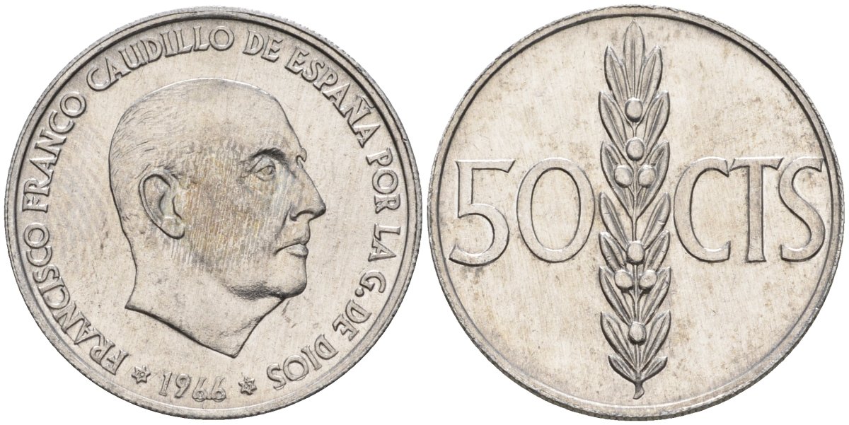 Испания 50 сентимо 1966 (67) Франсиско Франко (1939-1975) KM 795 алюминий 4398-1041