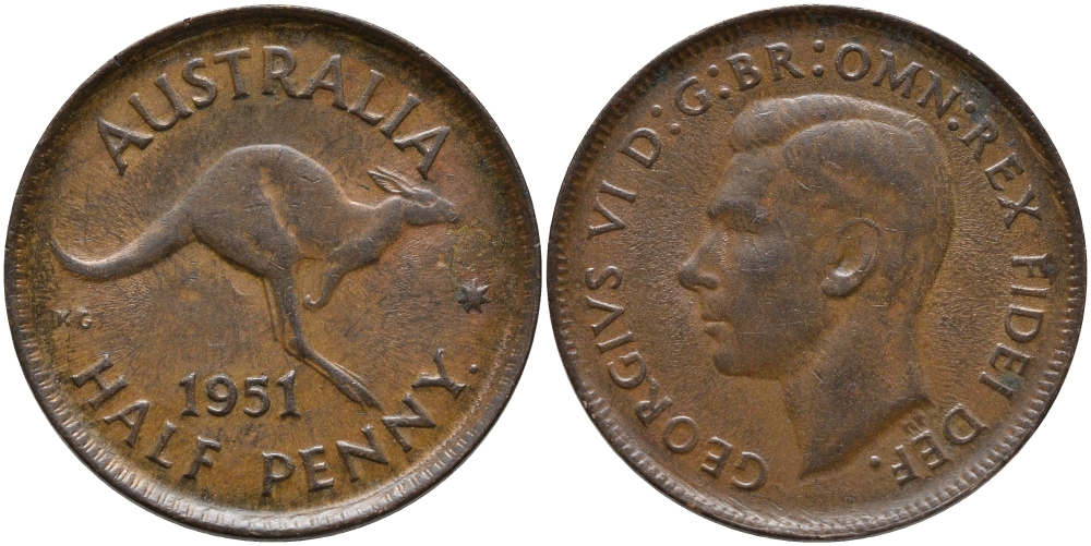 Австралия 1/2 пенни 1951 p, Георг VI (1936-1952), кенгуру, с точкой KM 42 бронза 86-1636