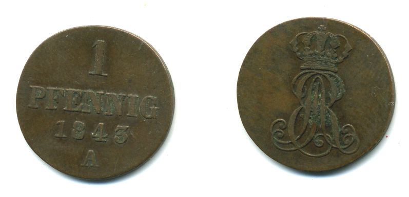 Ганновер 1 пфенниг 1843 A, Эрнст Август (1837-1851) KM 173.1, AKS 126, J. 54 медь 35-167