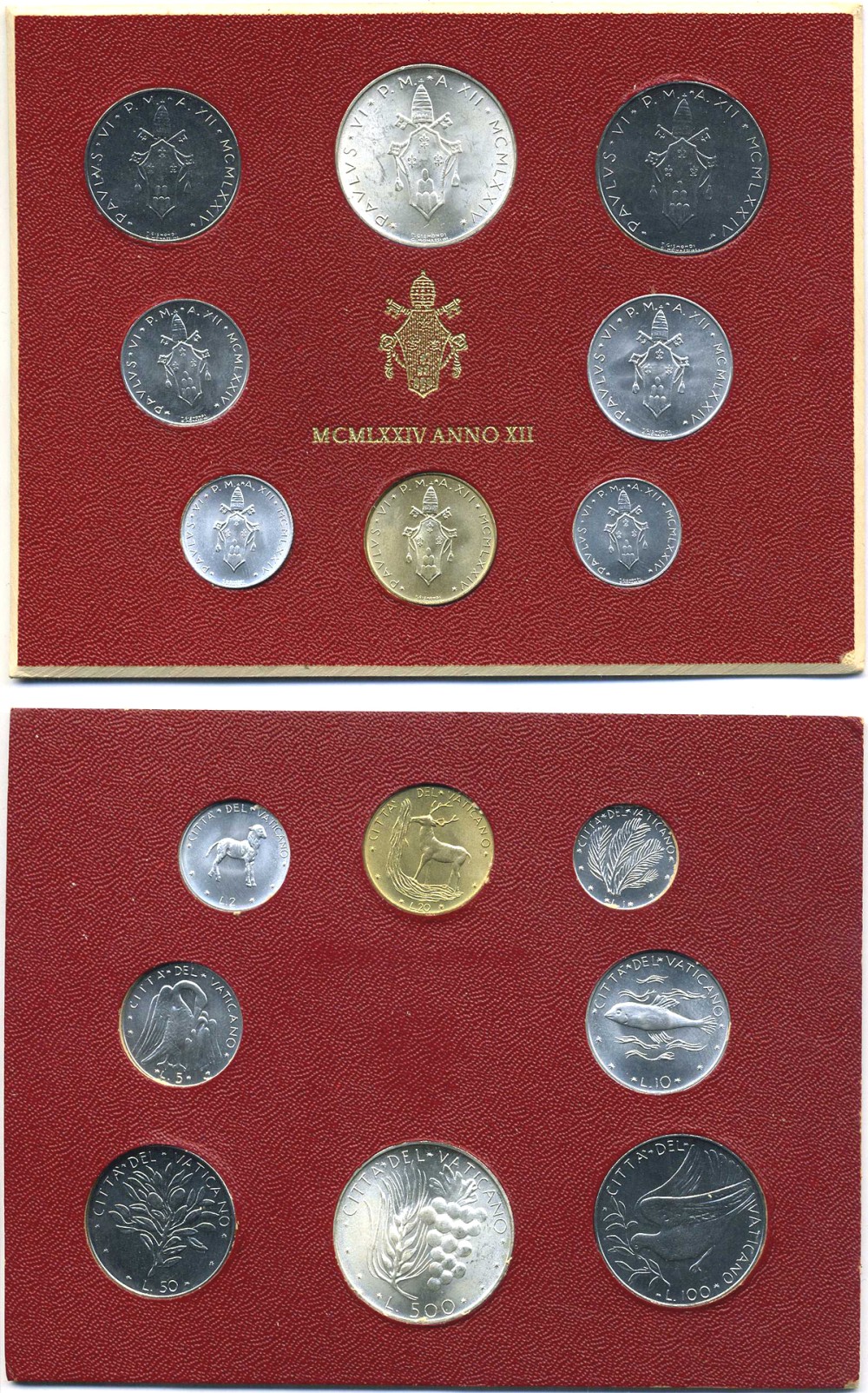 Ватикан набор из 8 монет 1974 1, 2, 5, 10, 20, 50, 100, 500 лир, в оригинальном буклете KM MS78 серебро UNC 3-4-3-14