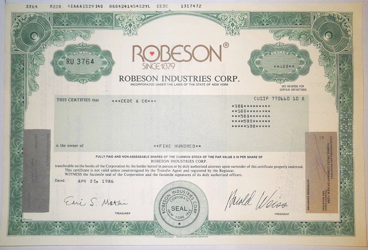 США, Robeson Industries Corp. 500 акций 1986 бумага 8805-27-1
