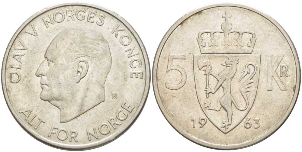Норвегия 5 крон 1963 Улаф V (1958-1991) KM 412 медно-никель 38-342