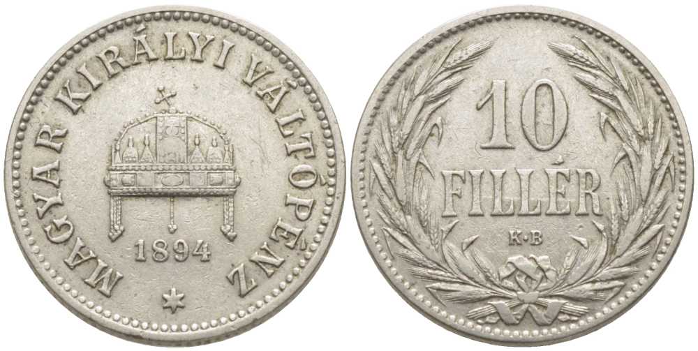 Венгрия 10 филлеров 1894 KB, Франц Иосиф I (1848-1916) KM 482 никель 112-512