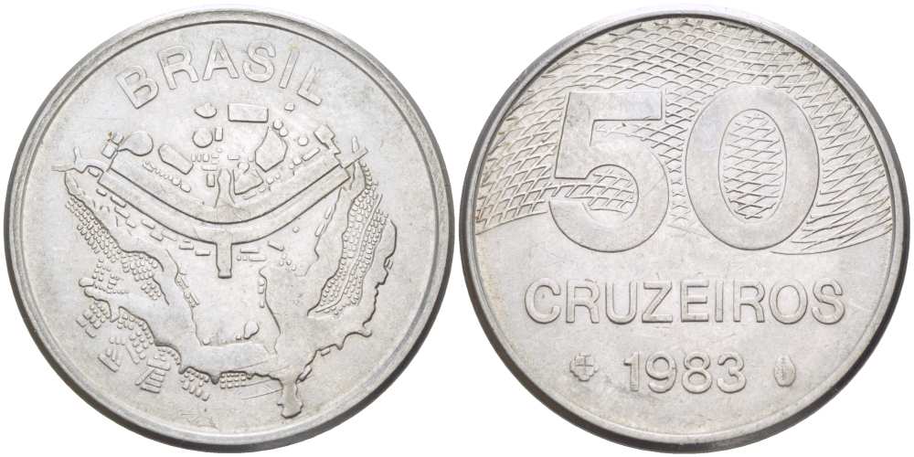 Бразилия 50 крузейро 1983 карта города Бразилиа KM 594.1 нержавеющая сталь 215-734