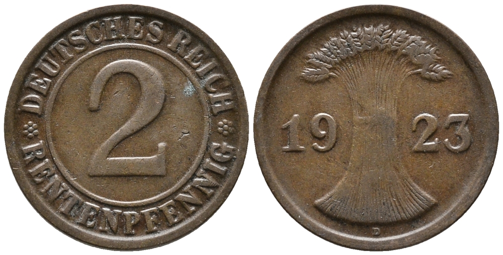 ГЕРМАНИЯ 2 РЕНТЕНПФЕННИГА 1923 D KM 31, J. 307 бронза 24-414