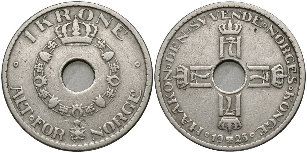 Норвегия 1 крона 1925 Хокон VII (1905-1957) KM 385 медно-никель 27-254