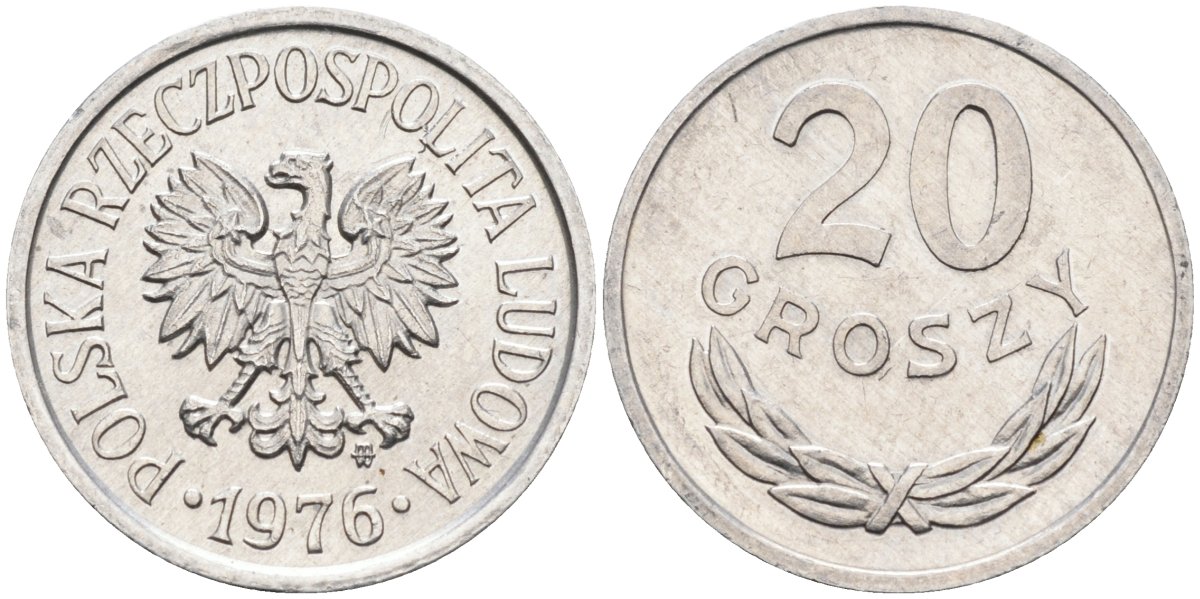 Польша 20 грошей 1976 MW, Народная Республика KM А47, Parchimowicz 208p алюминий aUNC 4580-658