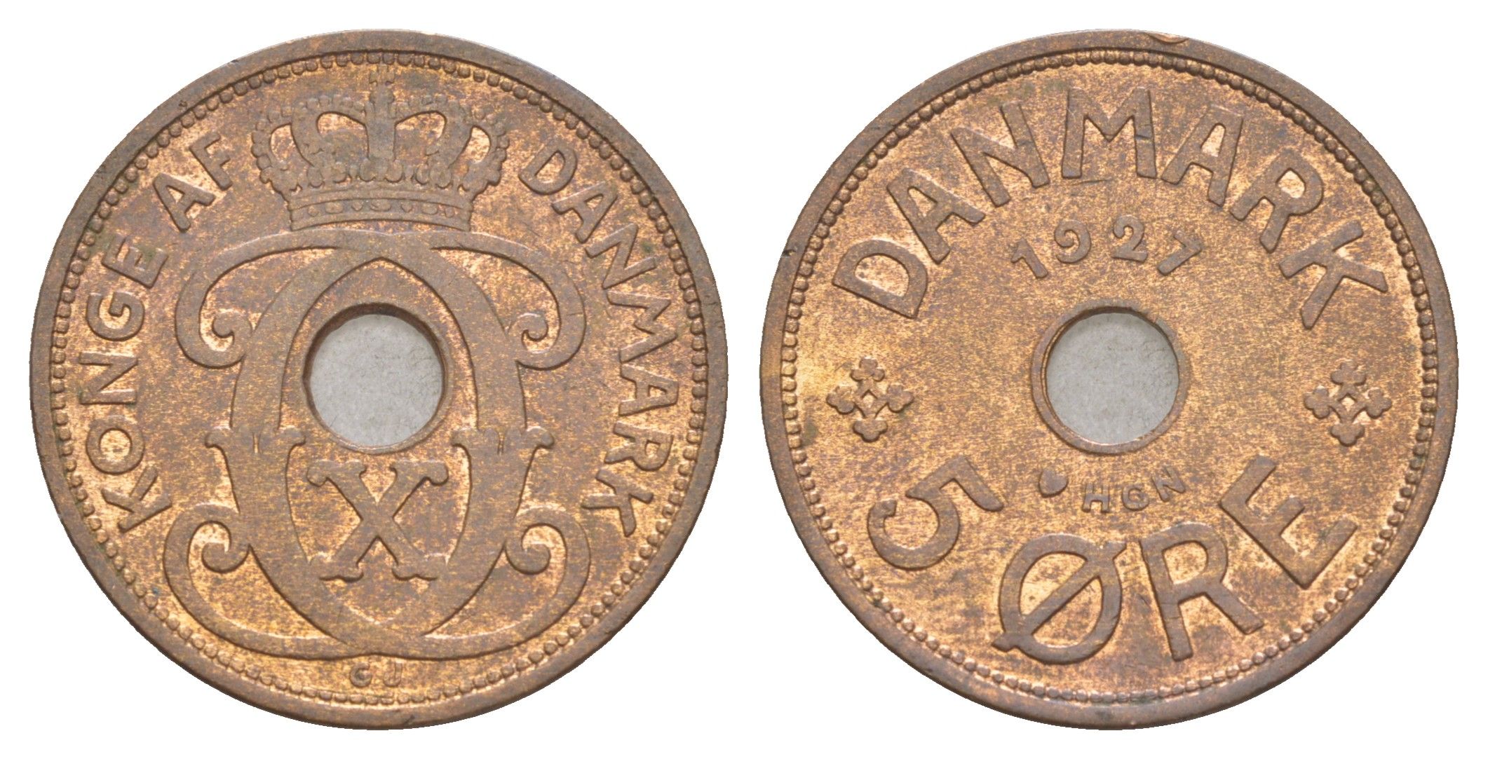 Дания 5 эре 1927 HCN, Кристиан X (1912-1947) KM 828 бронза 4654-734