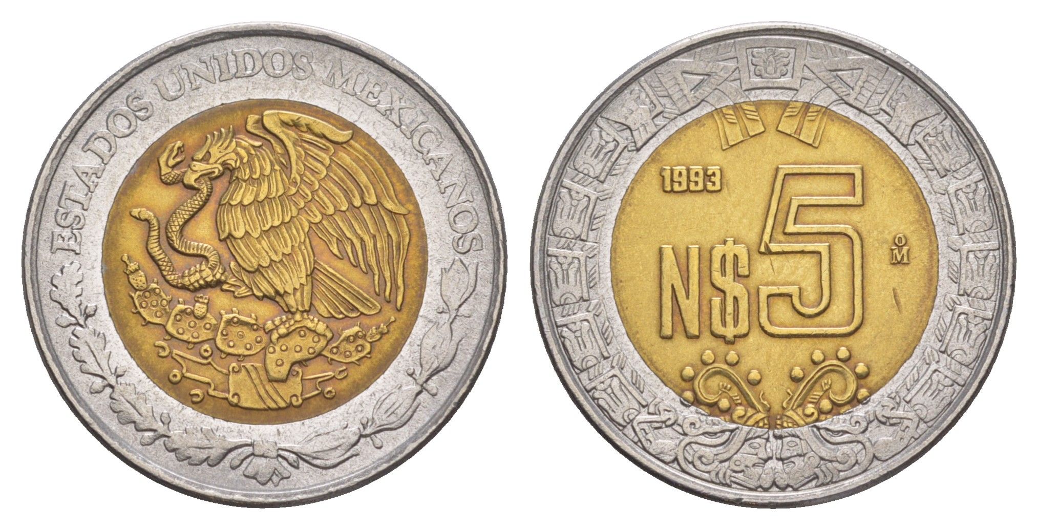 Мексика 5 песо 1993 Mo KM 552 биметалл aUNC 4637-646