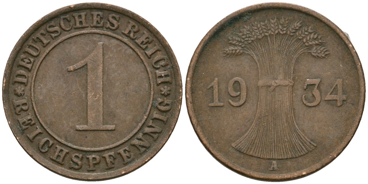 Германия 1 рейхспфенниг 1934 A KM 37, J. 313 бронза 4189-1233