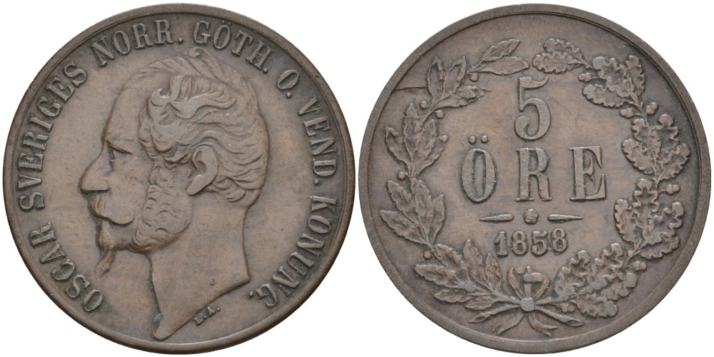 Швеция 5 эре 1858/7 Оскар I (1844-1859) KM 690 бронза 4557-433