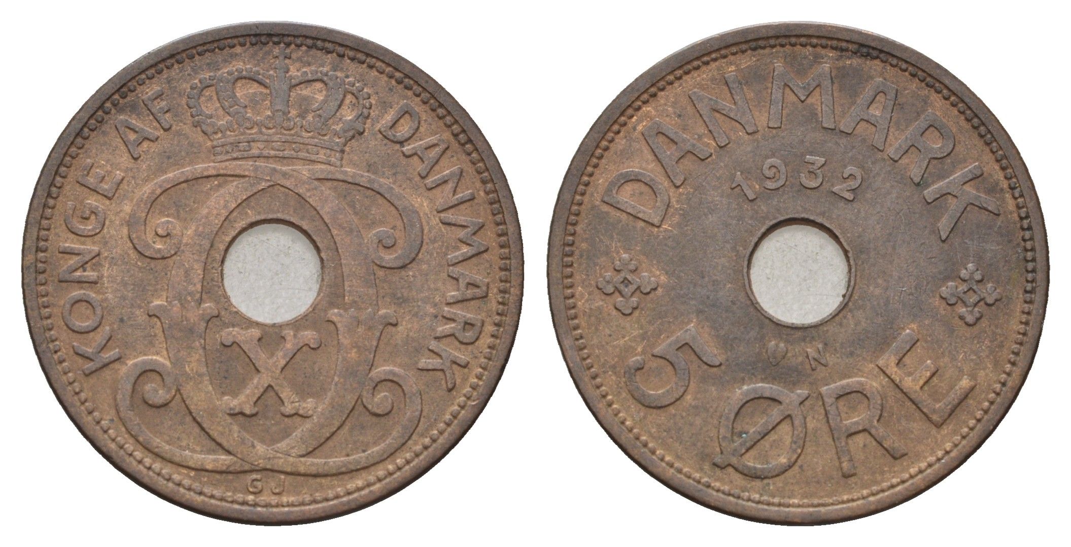 Дания 5 эре 1932 N, Кристиан X (1912-1947) KM 828 бронза 4700-835