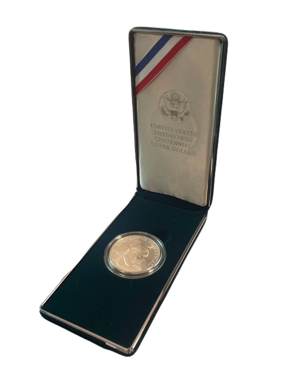 США 1 доллар 1990 W, 100 лет со дня рождения Эйзенхауэра, в оригинальной коробке, с сертификатом KM 227 серебро BU 2-4-2-14