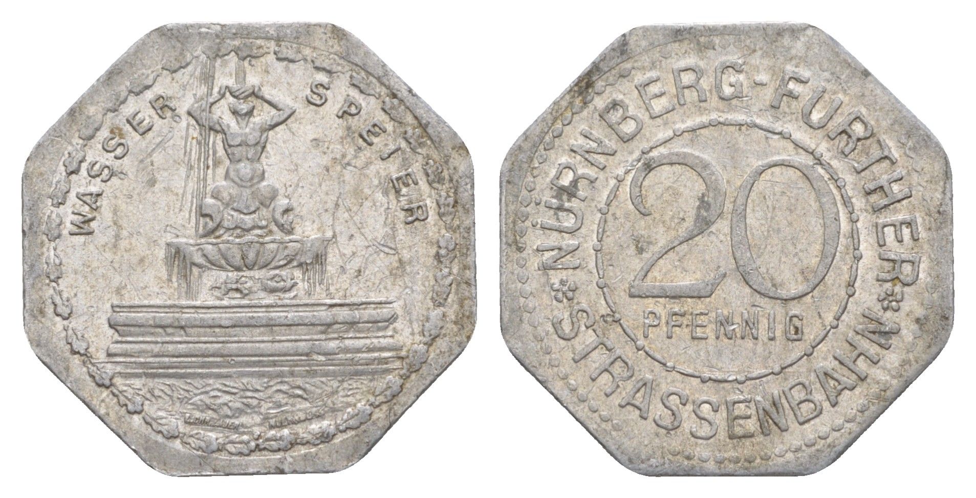 Нюрнберг трамвайный (транспортный) жетон в 20 пфеннигов ND (1920-1921) Фонтан Гаргулья Men05 19256.46, Men18 24102.46 алюминий 4638-352