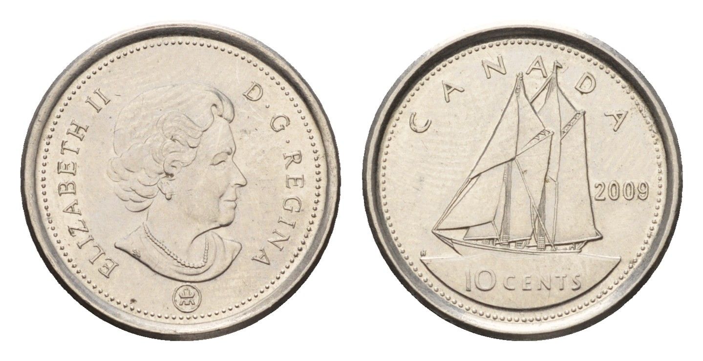 Канада 10 центов 2009 Leaf, Елизавета II (1952-2022), парусник KM 492 сталь плакированная никелем UNC 4689-628
