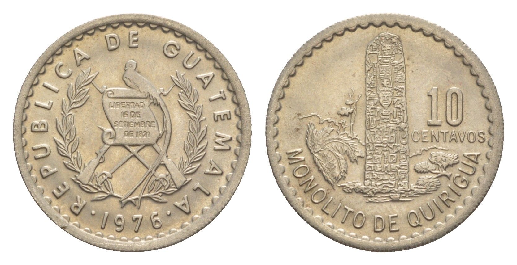 Гватемала 10 сентаво 1976 KM 277.1 медно-никель UNC 4644-264