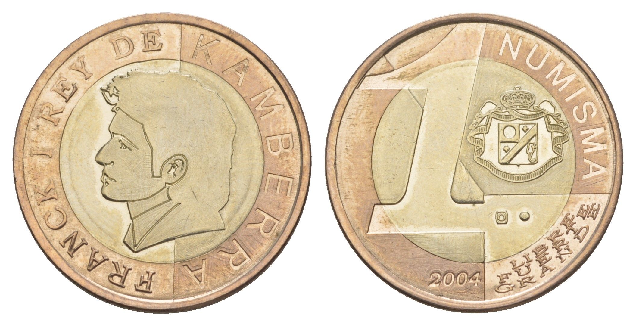 Королевство Камберра 1 нумизма 2004 Франк I, Микрогосударство Королевство Камберра расположено на острове в Тихом океане, недалеко от Австралии. Художник Франк Медина создал это королевство, изначально под названием Княжество Камберра. Это княжество сущес