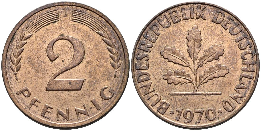ФРГ 2 ПФЕННИГА 1970 J KM 106a, Jager 381a сталь плакированная сталь плакированная медьюю 4546-1012