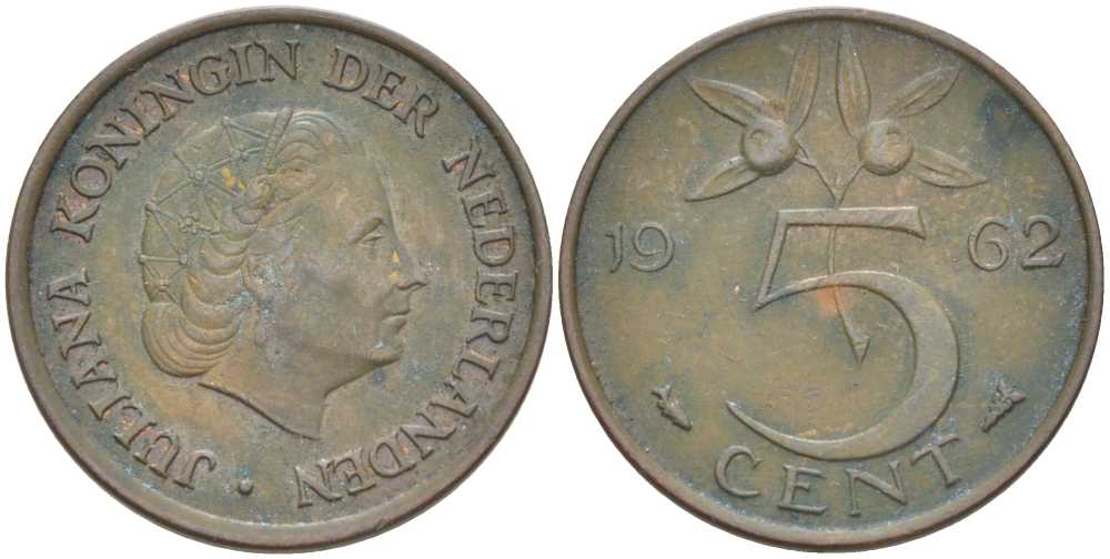 НИДЕРЛАНДЫ 5 ЦЕНТОВ 1962 ЮЛИАНА (1948-1980) KM 181 бронза 213-1042