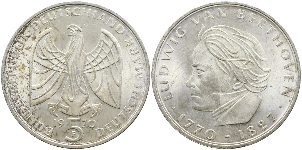 ФРГ 5 марок 1970 F. 200 лет со дня рождения Людвига ван Бетховена KM 127, J. 408 серебро UNC 58-923