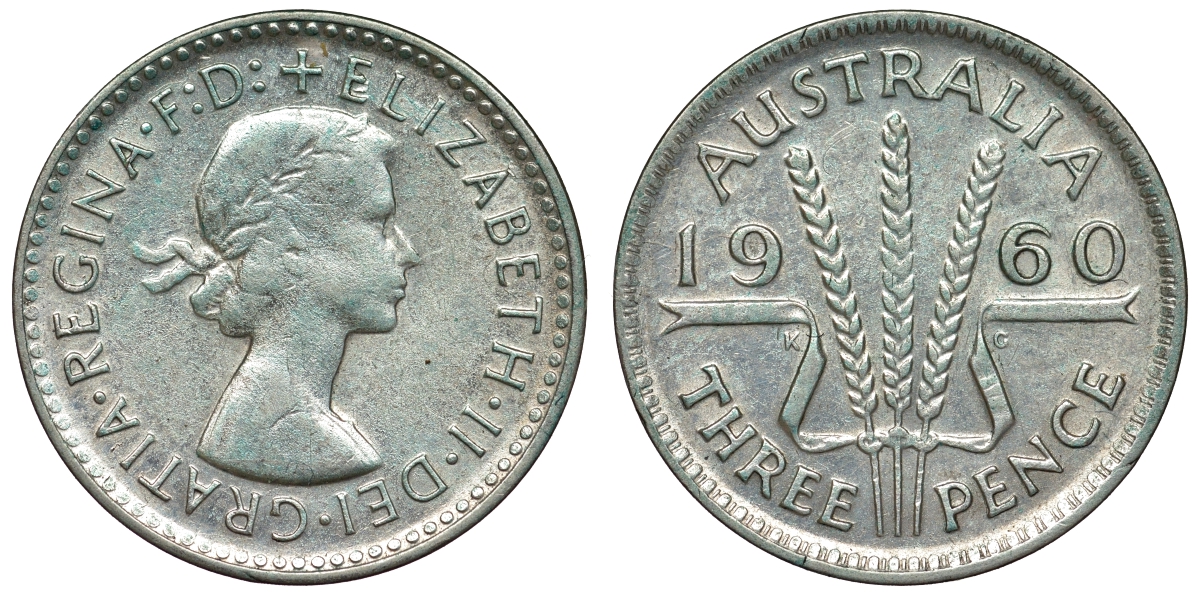 Австралия 3 пенса 1960 m, Елизавета II (1952-2022) KM 57 серебро 71-625