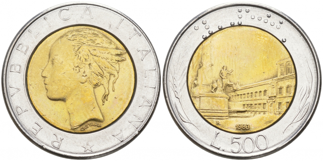 ИТАЛИЯ 500 ЛИР 1983 R БРАК, поворот на 20 градусов KM 111 биметалл 186-233