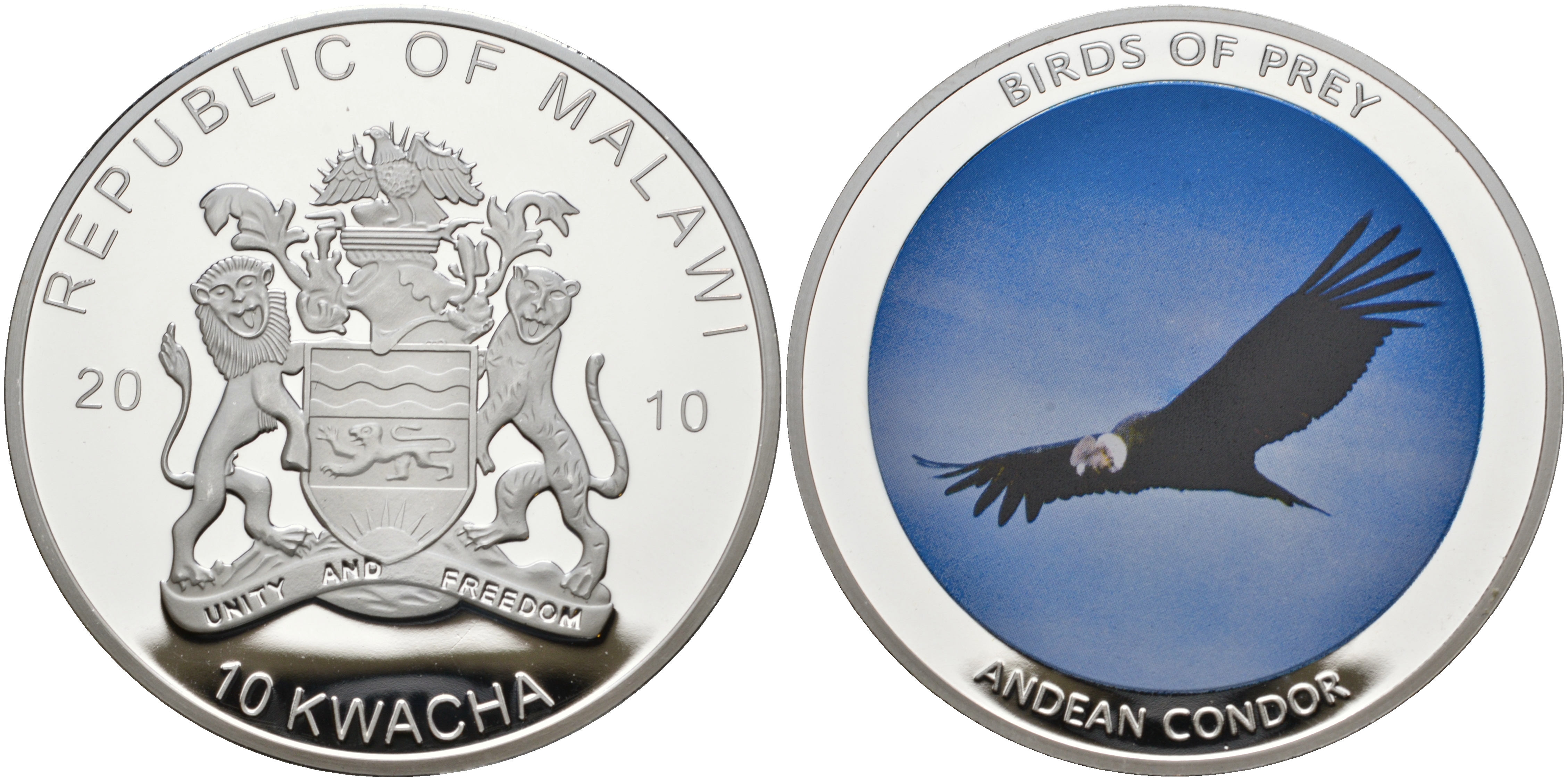 Малави 10 квача 2010 хищные птицы, АНДСКИЙ КОНДОР, цветная эмаль диаметр 50 мм PROOF 06-242-14