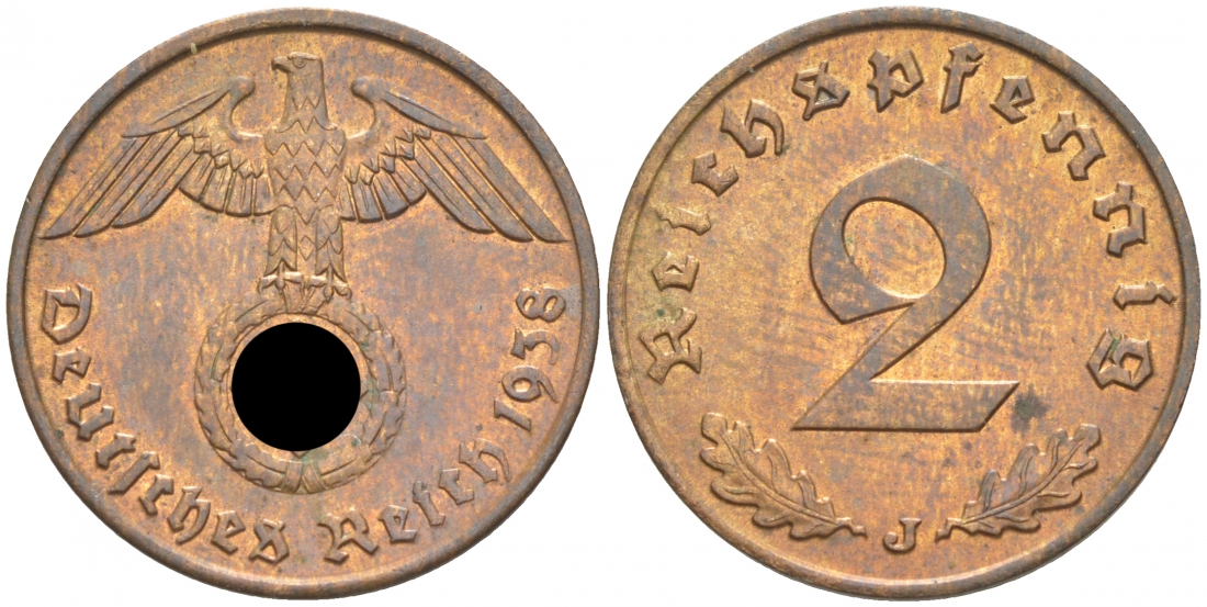 ГЕРМАНИЯ 2 РЕЙХСПФЕННИГА 1938 J КМ 90, J.362 бронза UNC 73-1023