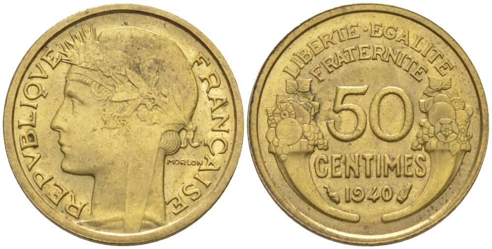 ФРАНЦИЯ 50 САНТИМОВ 1940 ТИП MORLON KM 894.1, LE FRANC 192.17 алюминиевая бронза 44-755