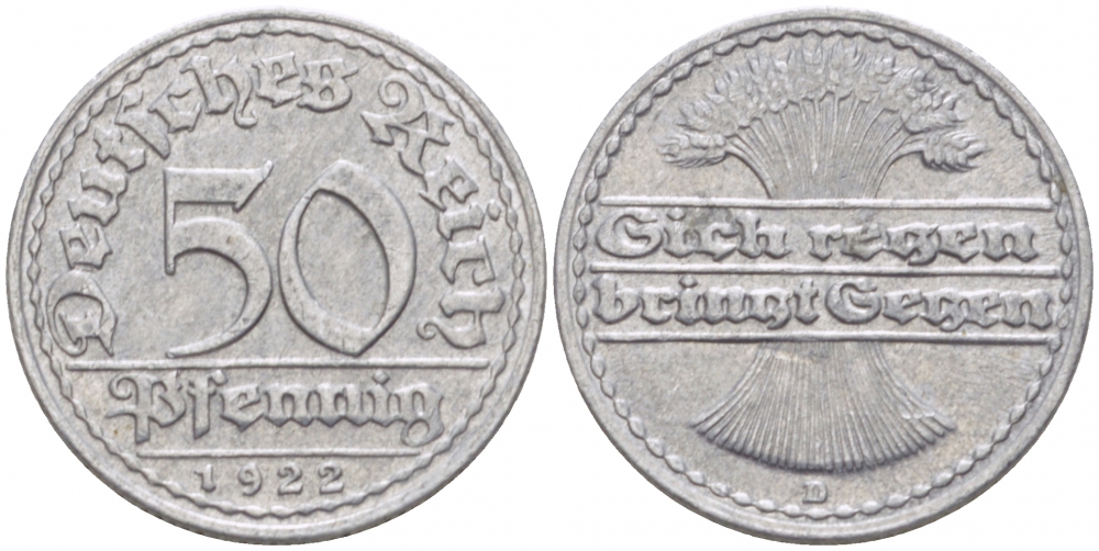 ГЕРМАНИЯ 50 ПФЕННИГОВ 1922 D KM 27, J. 301, Weege 10 алюминий 77-626