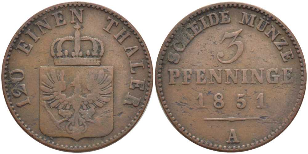 ПРУССИЯ 3 ПФЕННИГА 1851 А, ФРИДРИХ ВИЛЬГЕЛЬМ (1840-1861) KM 453 медь 117-156
