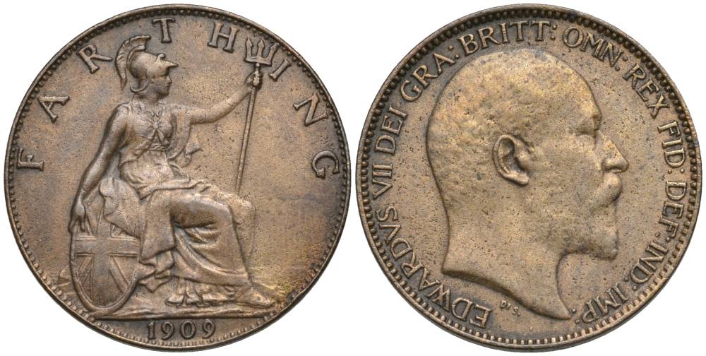 Великобритания 1 фартинг 1909 Эдуард VII (1901-1910), KM 792, Spink 3992 бронза 4548-1136