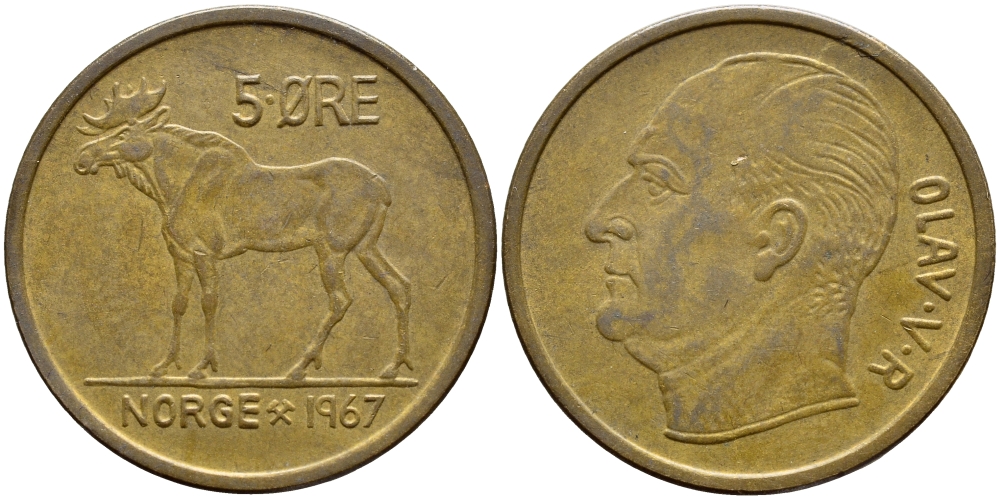 НОРВЕГИЯ 5 ЭРЕ 1967 ЛОСЬ KM 405 бронза 4394-1116