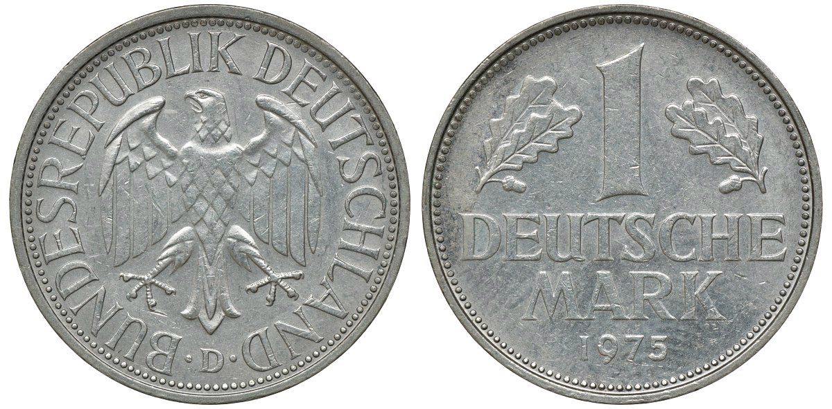 ФРГ 1 МАРКА 1975 D KM 110, J. 385 медно-никель aUNC 72-843