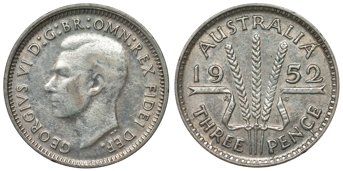 Австралия 3 пенса 1952 m, Георг VI (1937-1952), без букв KM 44 серебро 71-415