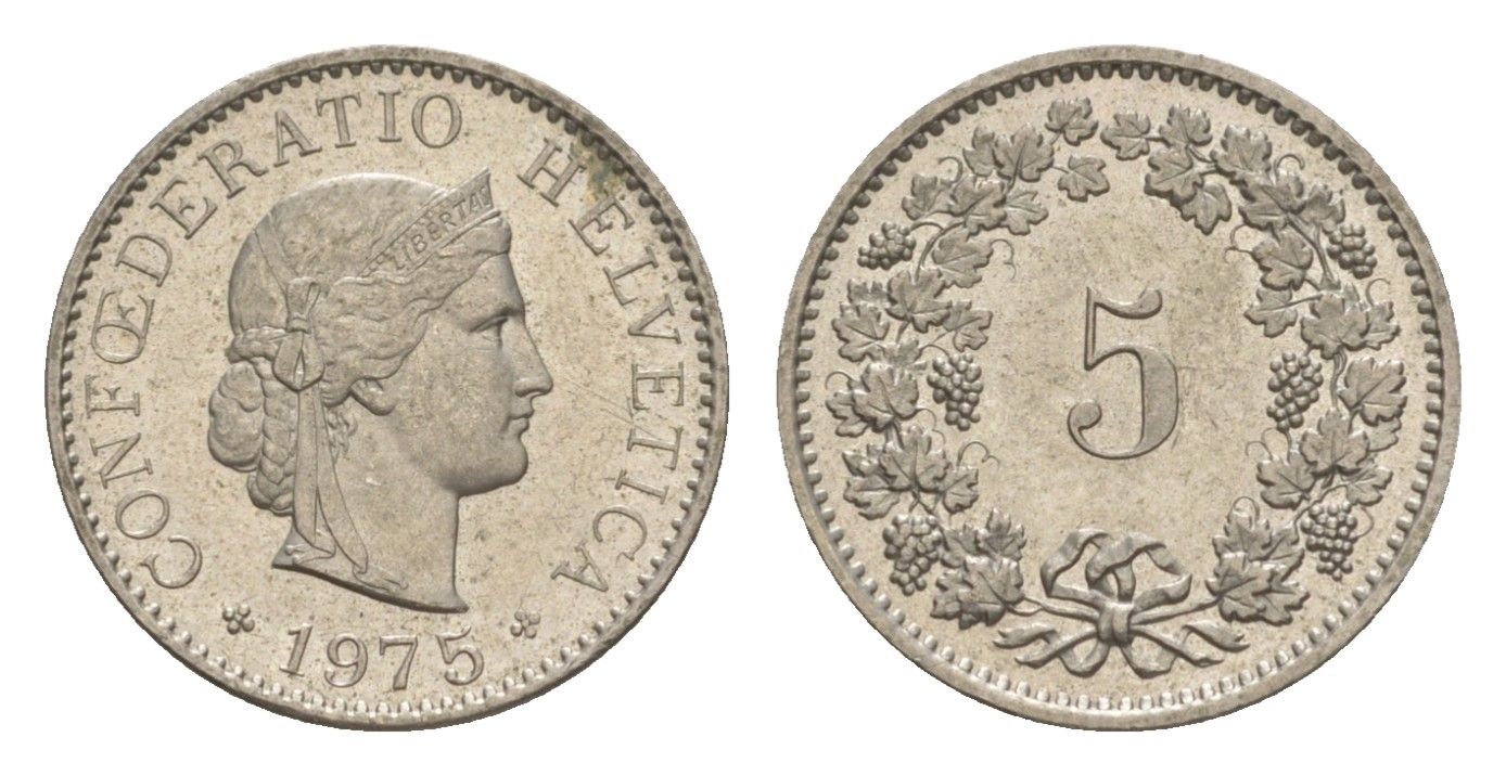 Швейцария 5 раппенов 1975 KM 26 медно-никель 4611-1061