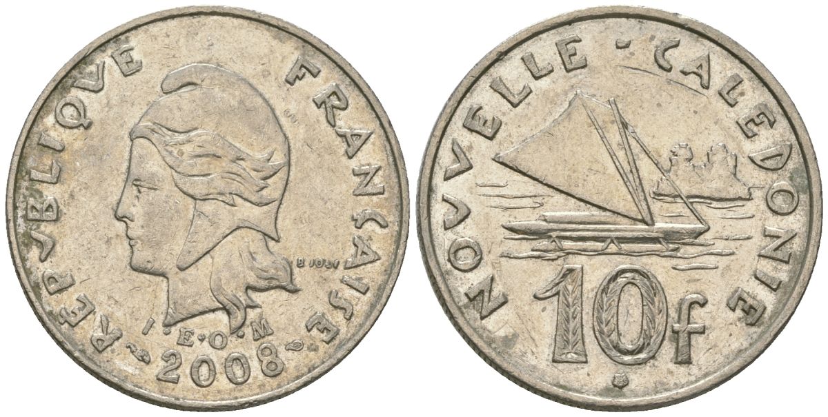 Французская Новая Каледония 10 франков 2008 рыбачья парусная лодка, (IEOM) KM 11a, Schoen 13a, Lec 99k медно-никель 60-734