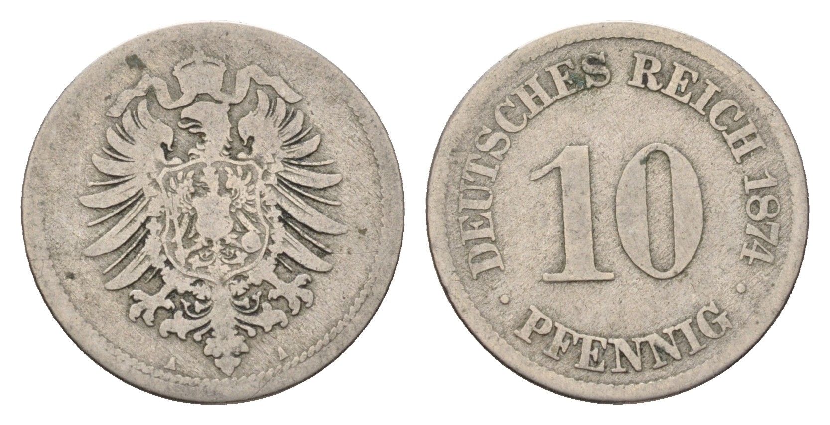 Германия 10 пфеннигов 1874 A, Вильгельм I (1871-1888) KM 4, J. 4 медно-никель 4636-439