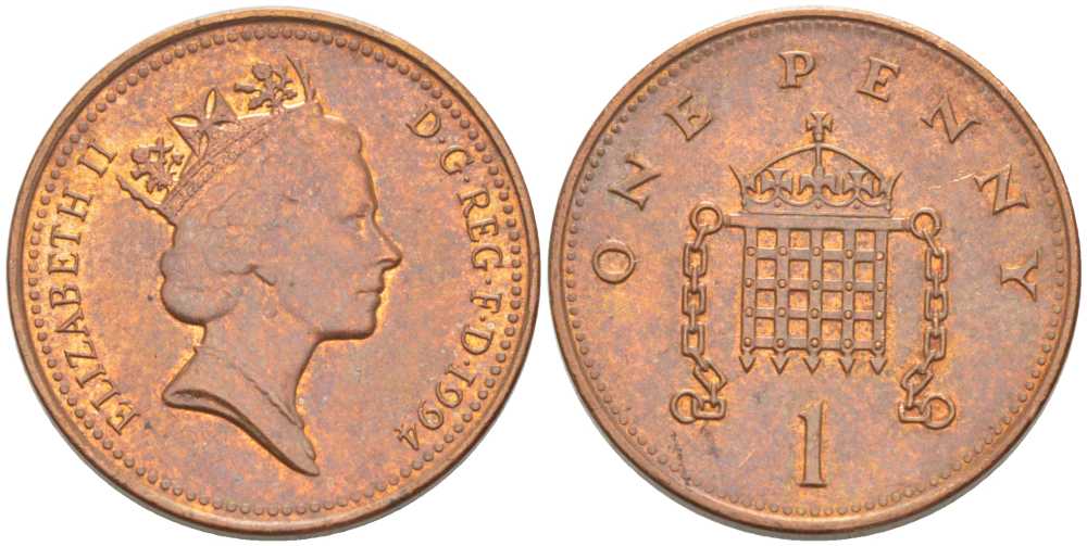 Великобритания 1 пенни 1994 Елизавета II (1952-2022) KM 935a, Spink 4391 (B4) сталь плакированная медью 175-614