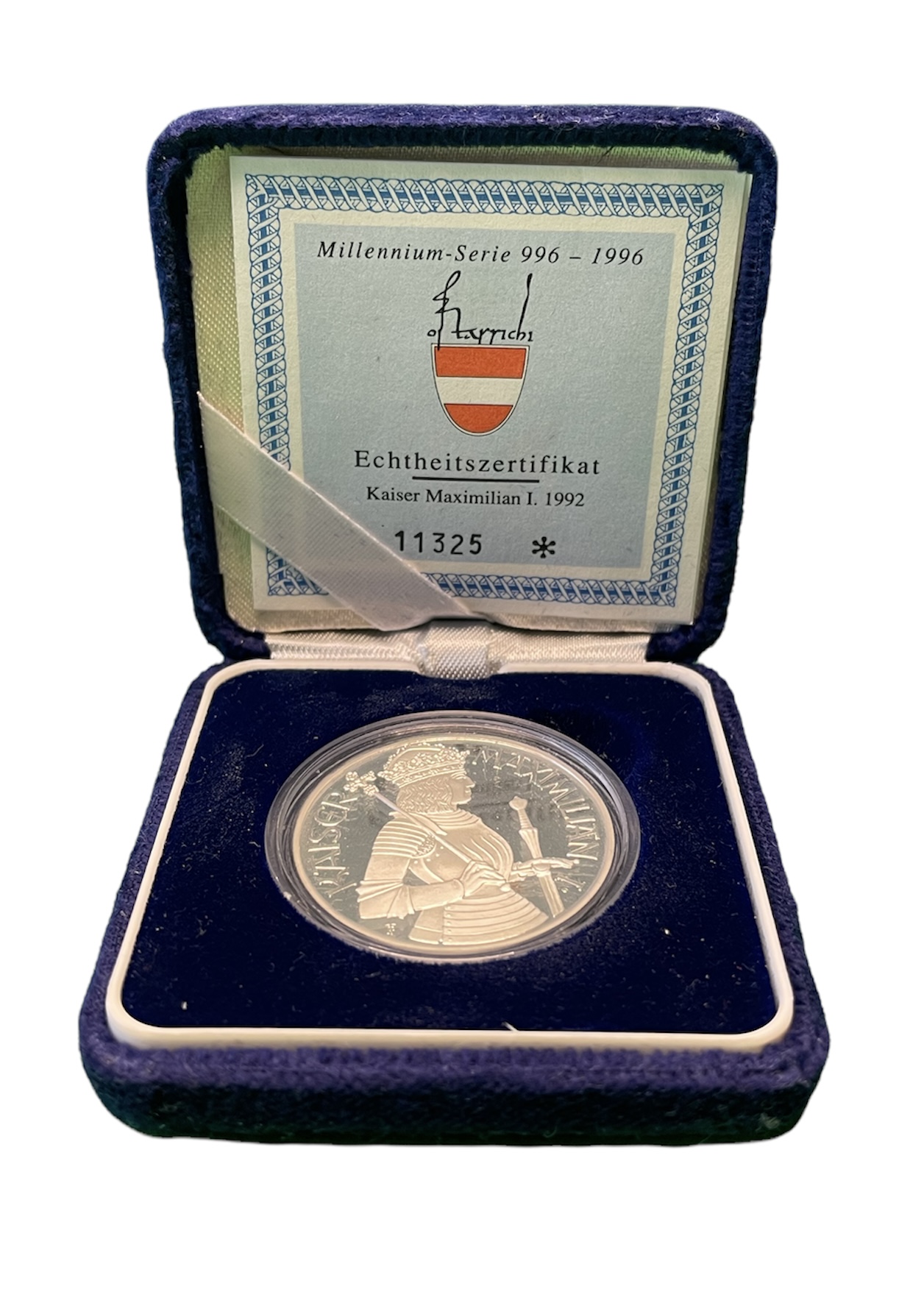 Австрия 100 шиллингов 1992 Максимилиан I, в коробке, с сертификатом подлинности KM 3003 серебро PROOF 3-4-4-02