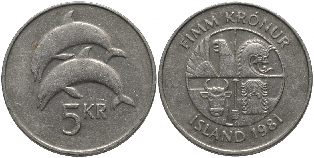 Исландия 5 крон 1981 дельфины KM 28 медно-никель 181-641